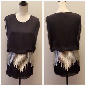 NWT Parker Silk Beaded Blouson Mini Dress - LBD Black Silver Xtra Beads Handmade